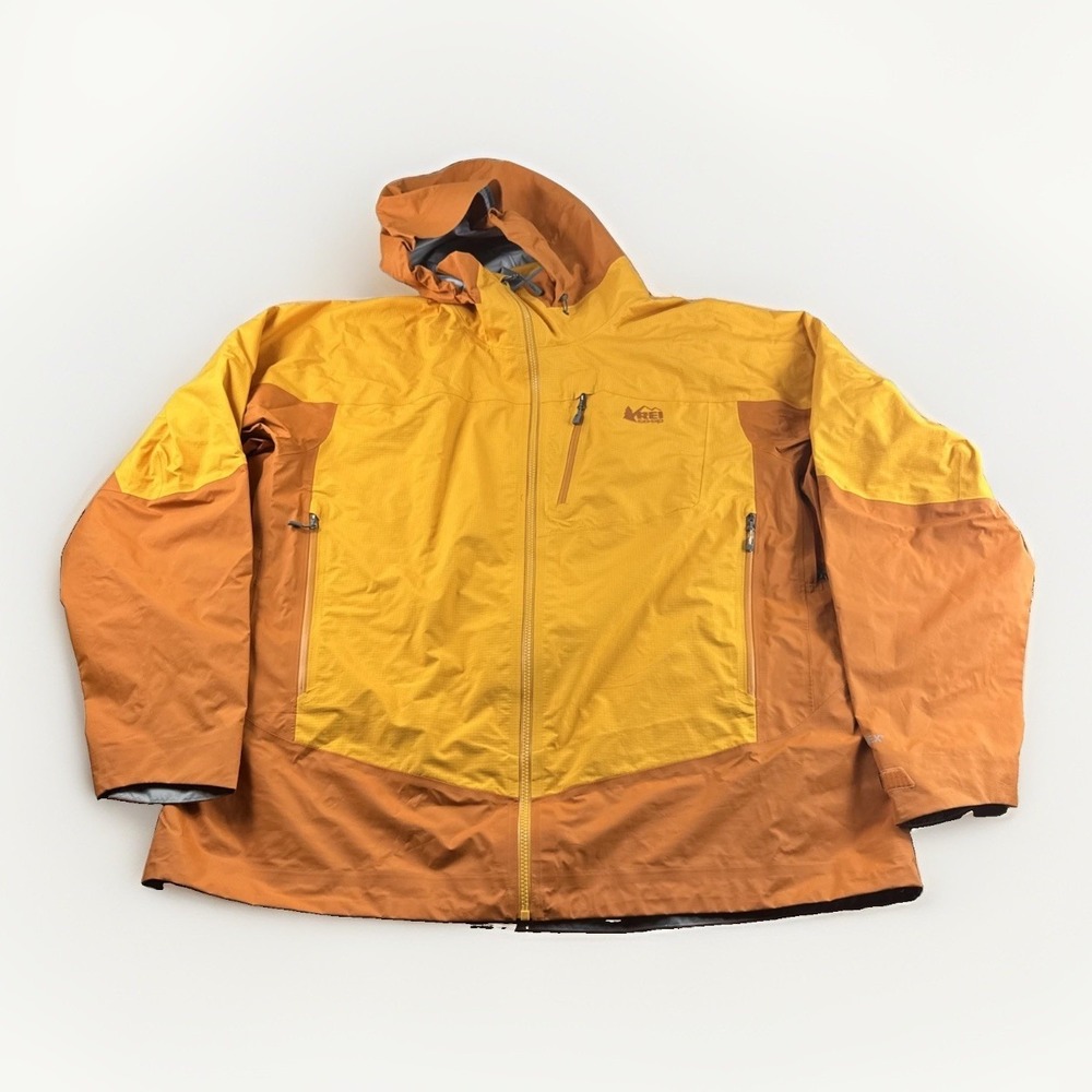 REI Co-op Jacket Men XXL Yellow Hooded Zip Up Waterproof Windbreaker Hiking Coat
